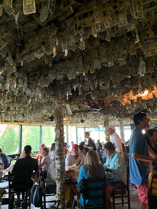 dollars bills hang from the ceiling of cabbage key