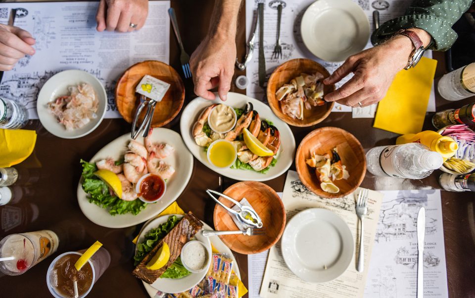 Stone crab, shrimp, and smoked salmon at Cabbage Key